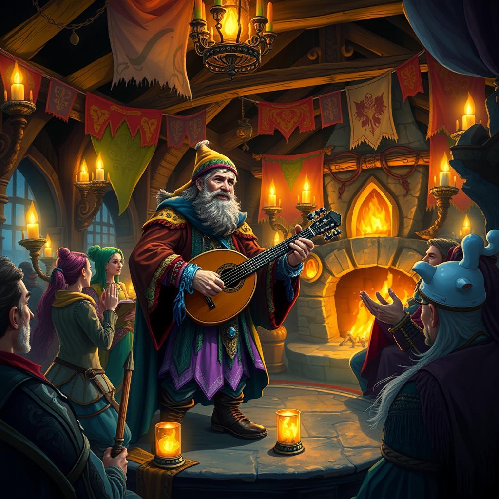 A vibrant fantasy scene depicting a bard performing in a mystical tavern filled with enchanting lights and lively patrons