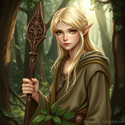 A 17-year-old half-elf Druid, characterized by scholarly wisdom, with bright blonde hair highlighted with white streaks