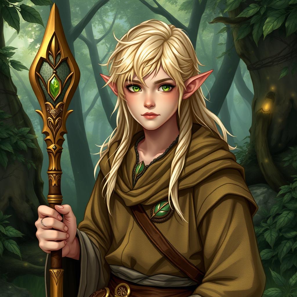 A 17-year-old half-elf Druid, characterized by scholarly wisdom, with bright blonde hair highlighted with white streaks