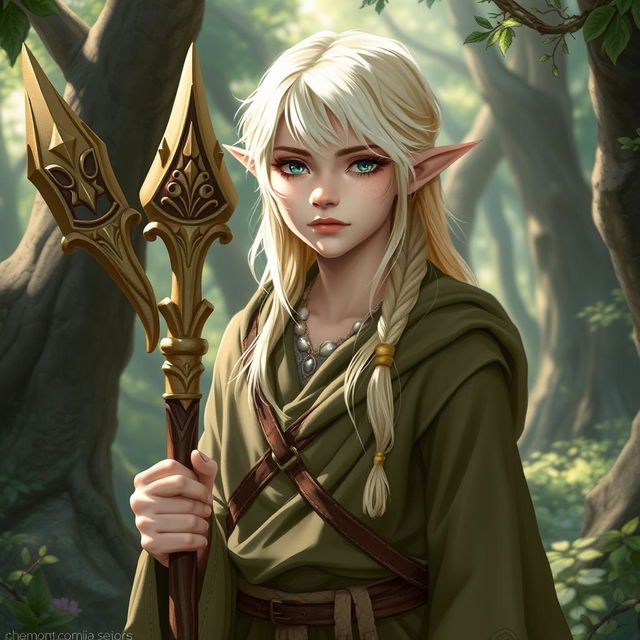 A 17-year-old half-elf Druid, characterized by scholarly wisdom, with bright blonde hair highlighted with white streaks