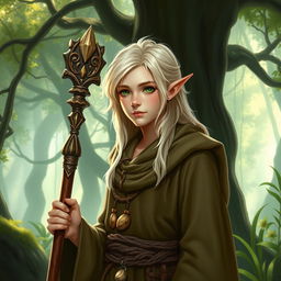 A 17-year-old half-elf Druid, characterized by scholarly wisdom, with bright blonde hair highlighted with white streaks