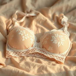 A close-up of a beautifully designed lace granny bra, resting on a soft, textured fabric background