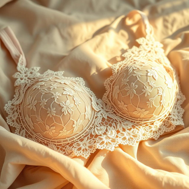 A close-up of a beautifully designed lace granny bra, resting on a soft, textured fabric background