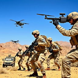 A dynamic scene showcasing the Israel Defense Forces (IDF) in action, highlighting soldiers in modern military uniforms engaged in a training exercise in a desert landscape