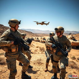 A dynamic scene showcasing the Israel Defense Forces (IDF) in action, highlighting soldiers in modern military uniforms engaged in a training exercise in a desert landscape