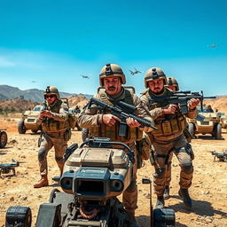 A dynamic scene showcasing the Israel Defense Forces (IDF) in action, highlighting soldiers in modern military uniforms engaged in a training exercise in a desert landscape