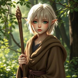 A 17-year-old half-elf Druid, embodying scholarly wisdom, with short blonde hair featuring white highlights