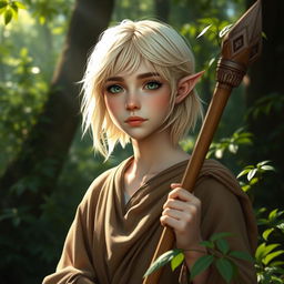A 17-year-old half-elf Druid, embodying scholarly wisdom, with short blonde hair featuring white highlights