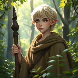 A 17-year-old half-elf Druid, embodying scholarly wisdom, with short blonde hair featuring white highlights