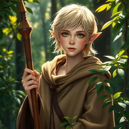 A 17-year-old half-elf Druid, embodying scholarly wisdom, with short blonde hair featuring white highlights