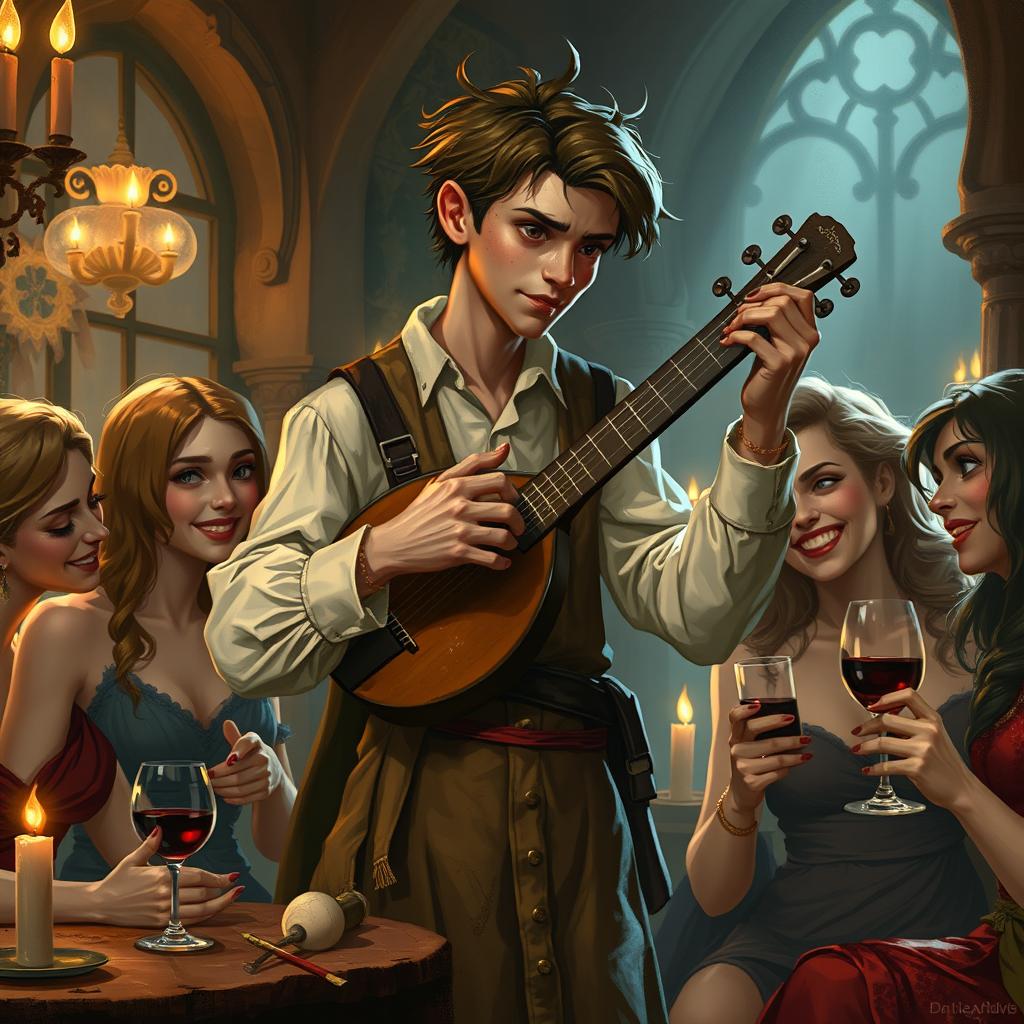 A tall, slender young human bard playing a musical instrument, such as a lute, while drinking wine