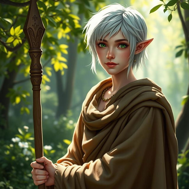 A 25-year-old half-elf Druid, embodying scholarly expertise, with short white hair that radiates wisdom