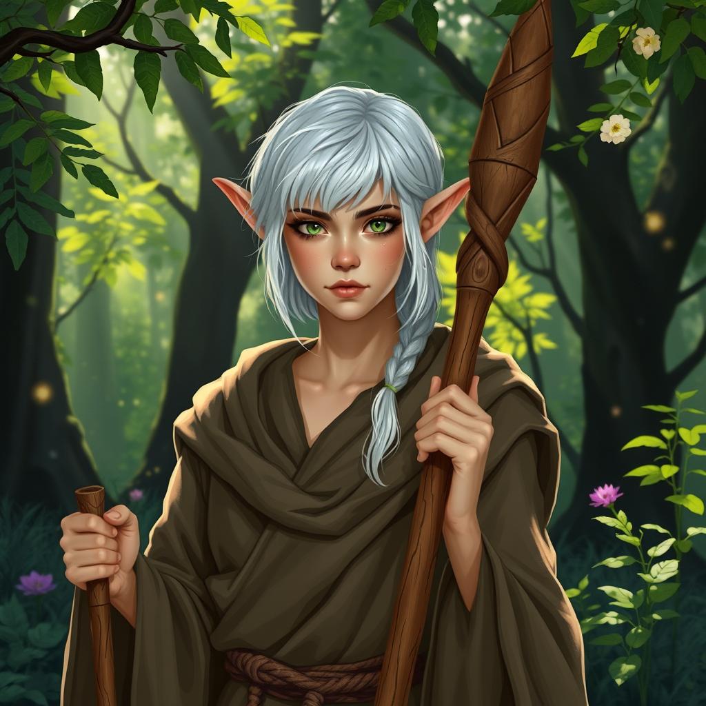 A 25-year-old half-elf Druid, embodying scholarly expertise, with short white hair that radiates wisdom