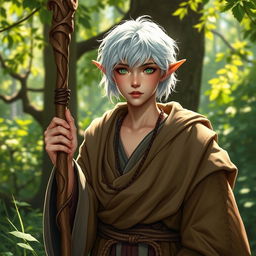 A 25-year-old half-elf Druid, embodying scholarly expertise, with short white hair that radiates wisdom