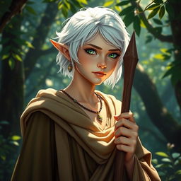 A 25-year-old half-elf Druid, embodying scholarly expertise, with short white hair that radiates wisdom
