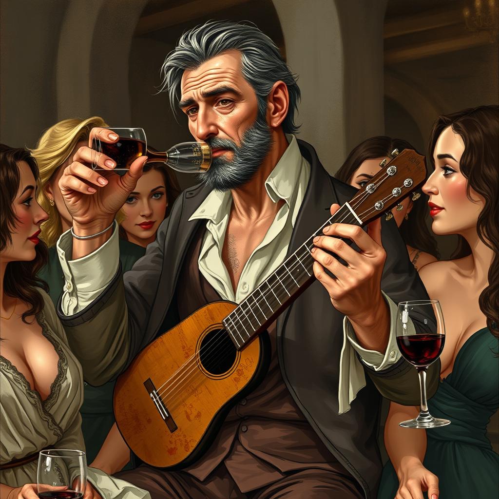A middle-aged human bard, tall and slender, playing a musical instrument while drinking wine