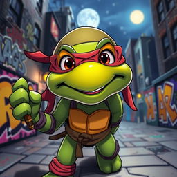 A cartoon-style ninja turtle character looking directly at the camera with a playful expression