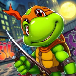 A cartoon-style ninja turtle character looking directly at the camera with a playful expression