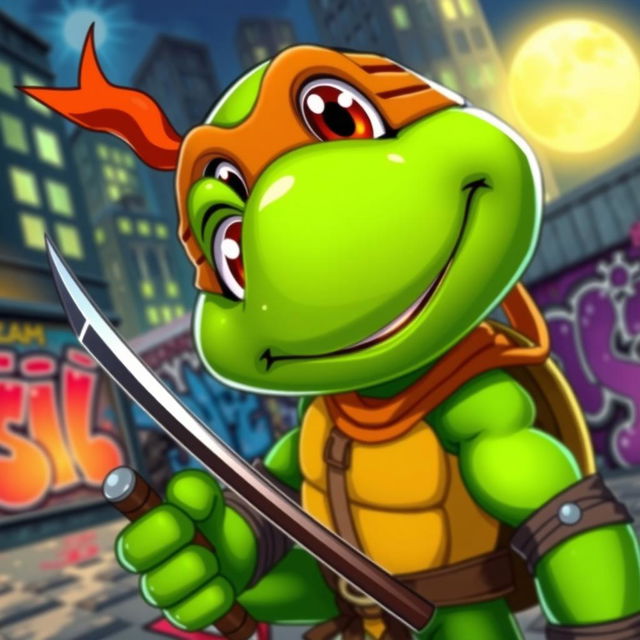 A cartoon-style ninja turtle character looking directly at the camera with a playful expression