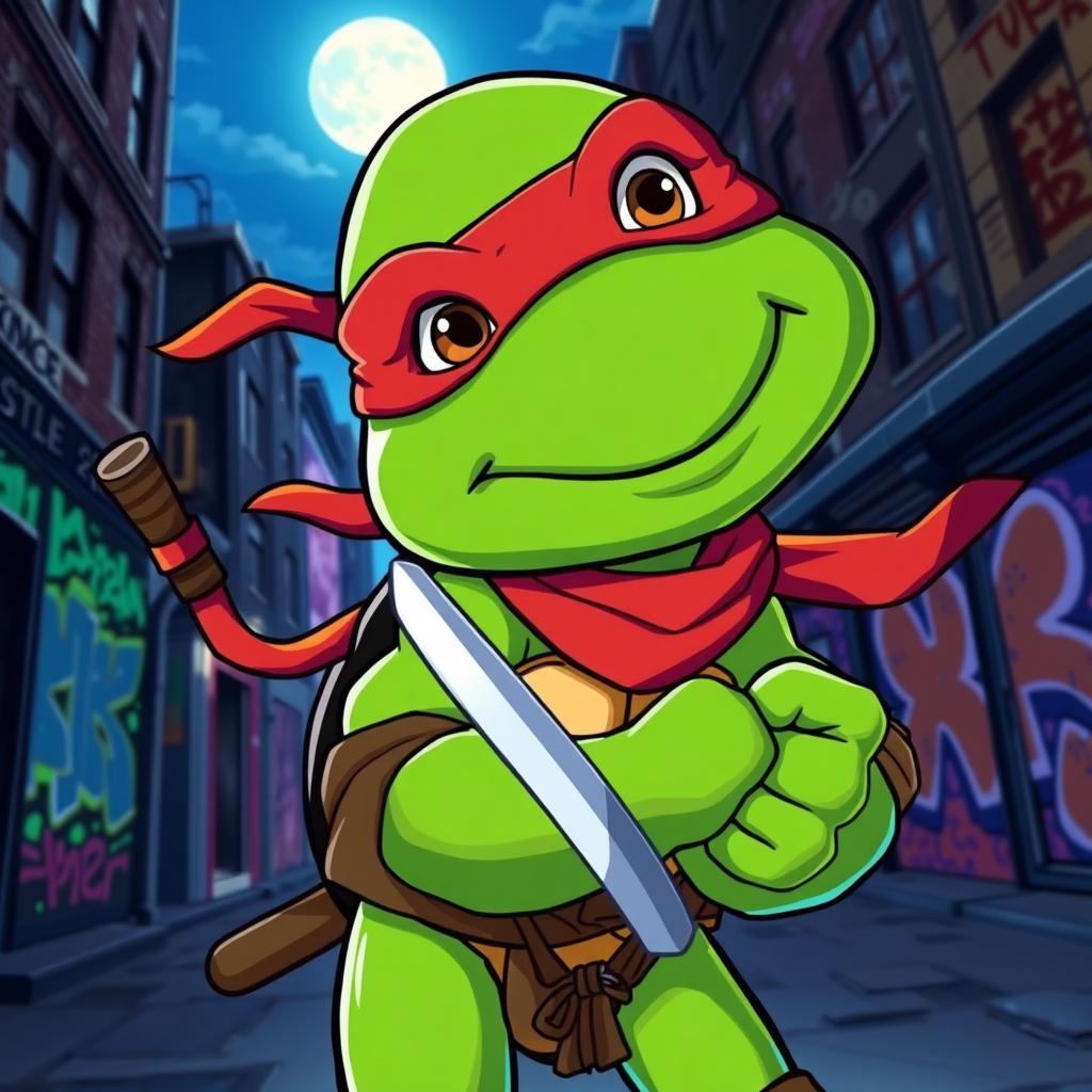 A cartoon-style ninja turtle character looking directly at the camera with a playful expression