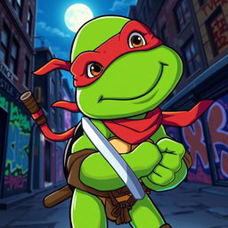 A cartoon-style ninja turtle character looking directly at the camera with a playful expression