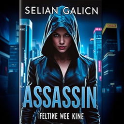 A striking book cover featuring a powerful woman dressed in sleek, dark assassin clothing, shrouded in mystery