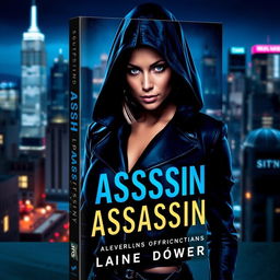 A striking book cover featuring a powerful woman dressed in sleek, dark assassin clothing, shrouded in mystery