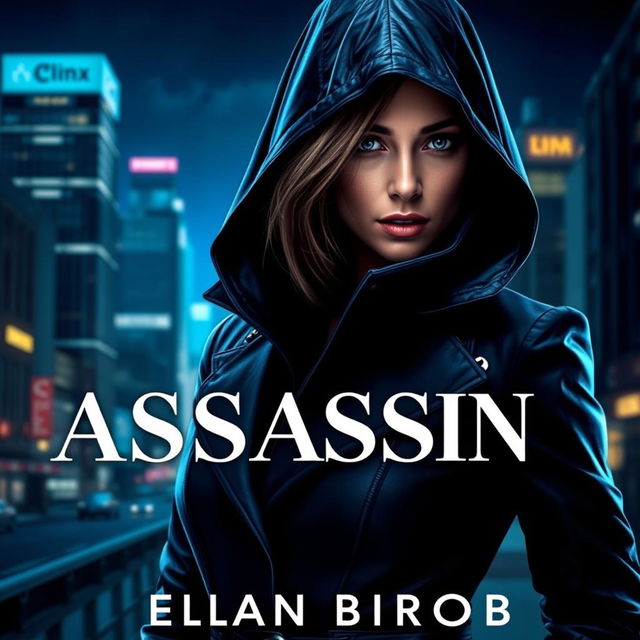 A striking book cover featuring a powerful woman dressed in sleek, dark assassin clothing, shrouded in mystery