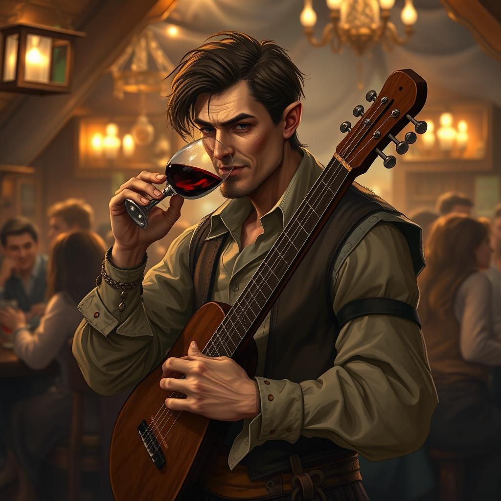 A tall, slender human bard aged 30, playing a musical instrument while drinking wine