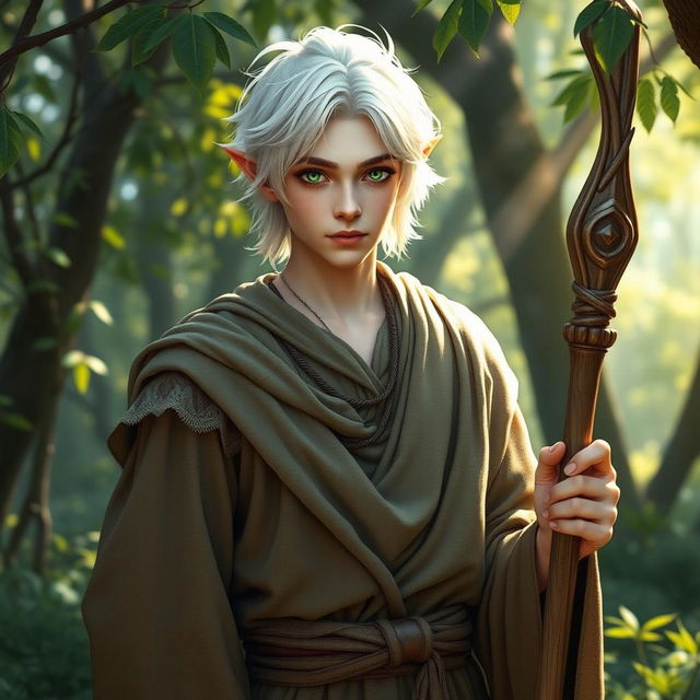 A 25-year-old male half-elf Druid, representing scholarly wisdom, with short white hair that conveys elegance and authority