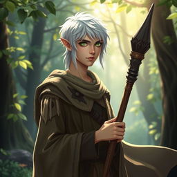 A 25-year-old male half-elf Druid, representing scholarly wisdom, with short white hair that conveys elegance and authority