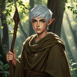 A 25-year-old male half-elf Druid, representing scholarly wisdom, with short white hair that conveys elegance and authority