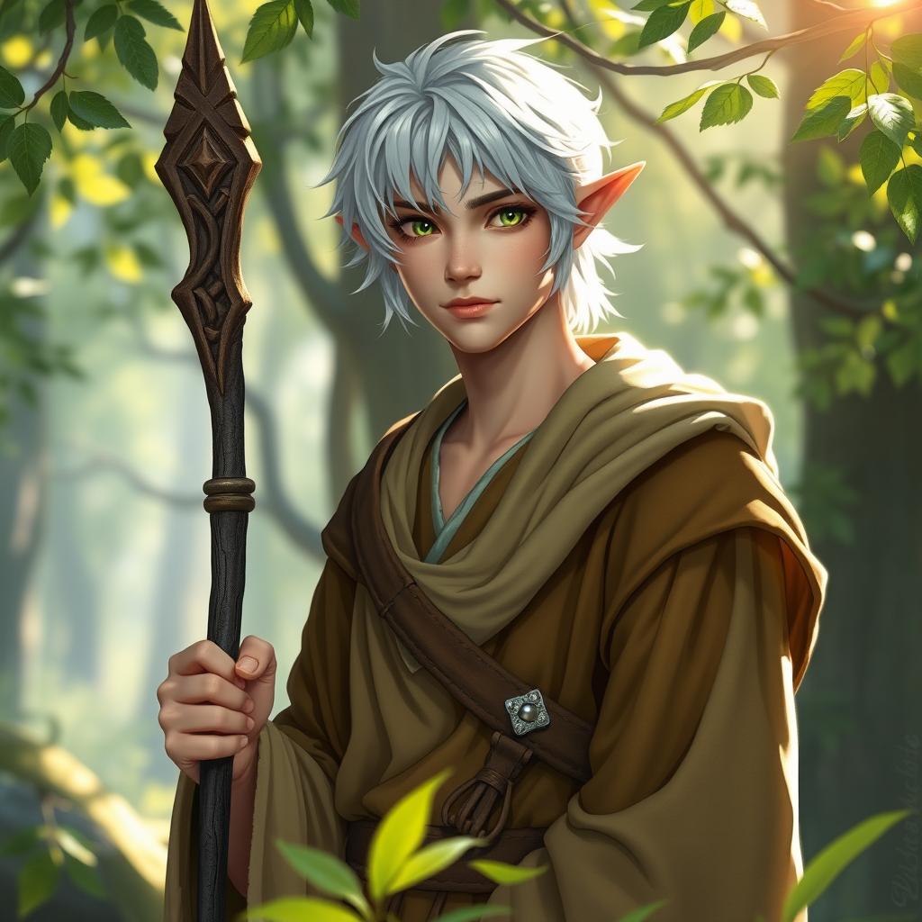 A 25-year-old male half-elf Druid, representing scholarly wisdom, with short white hair that conveys elegance and authority