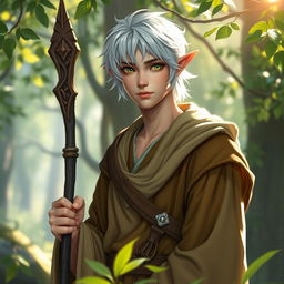 A 25-year-old male half-elf Druid, representing scholarly wisdom, with short white hair that conveys elegance and authority