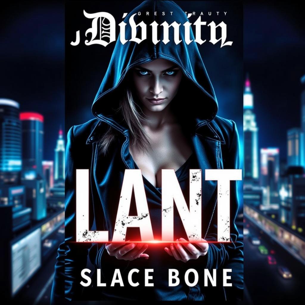A captivating book cover titled 'Divinity', featuring a powerful woman dressed in sleek, dark assassin attire