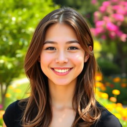 A portrait of a young adult with a cheerful expression, standing outdoors in a sunny park