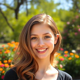 A portrait of a young adult with a cheerful expression, standing outdoors in a sunny park