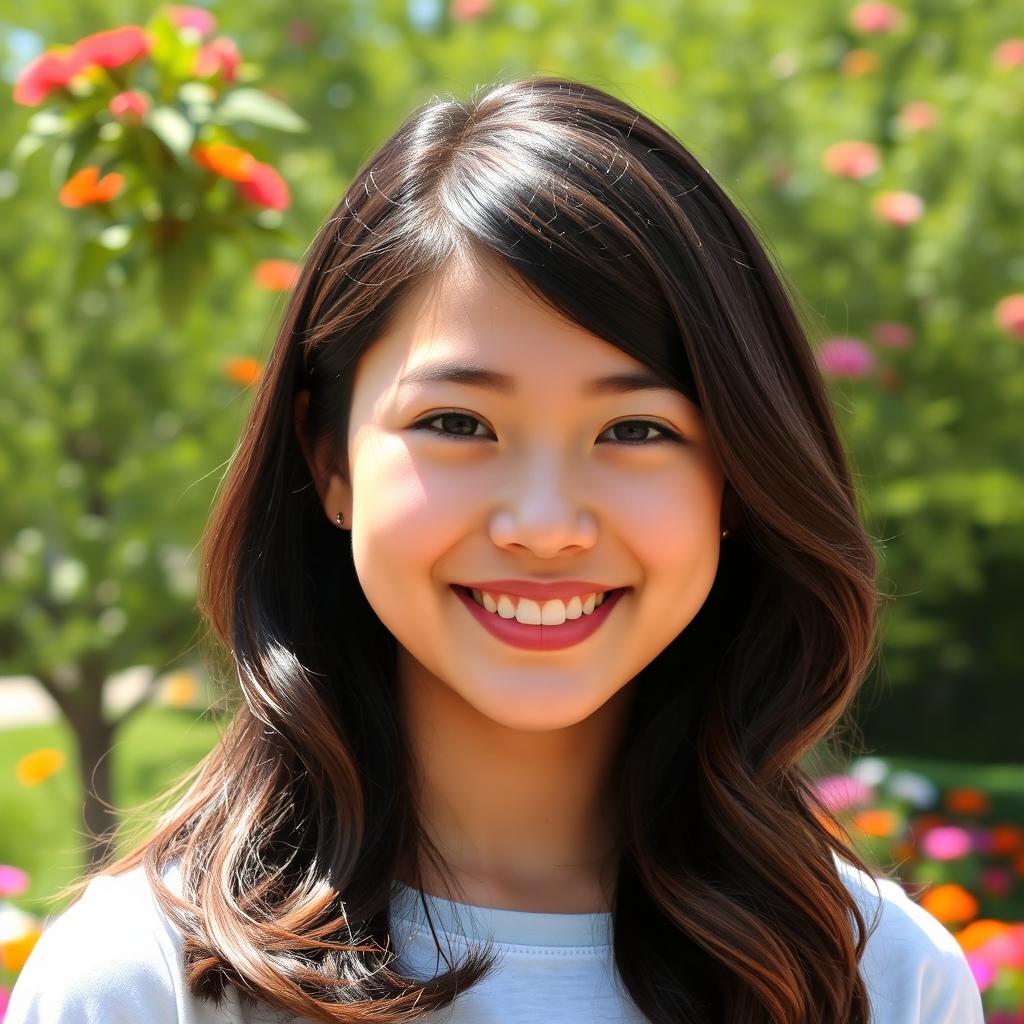 A portrait of a young adult with a cheerful expression, standing outdoors in a sunny park