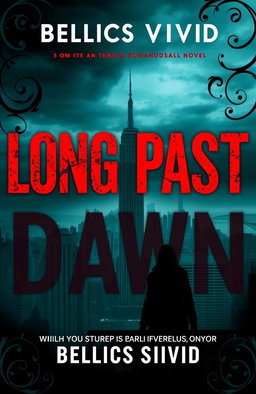 A dark romance novel cover for 'Long Past Dawn' by bellicsvoid, featuring a hauntingly atmospheric skyline of New York City at twilight