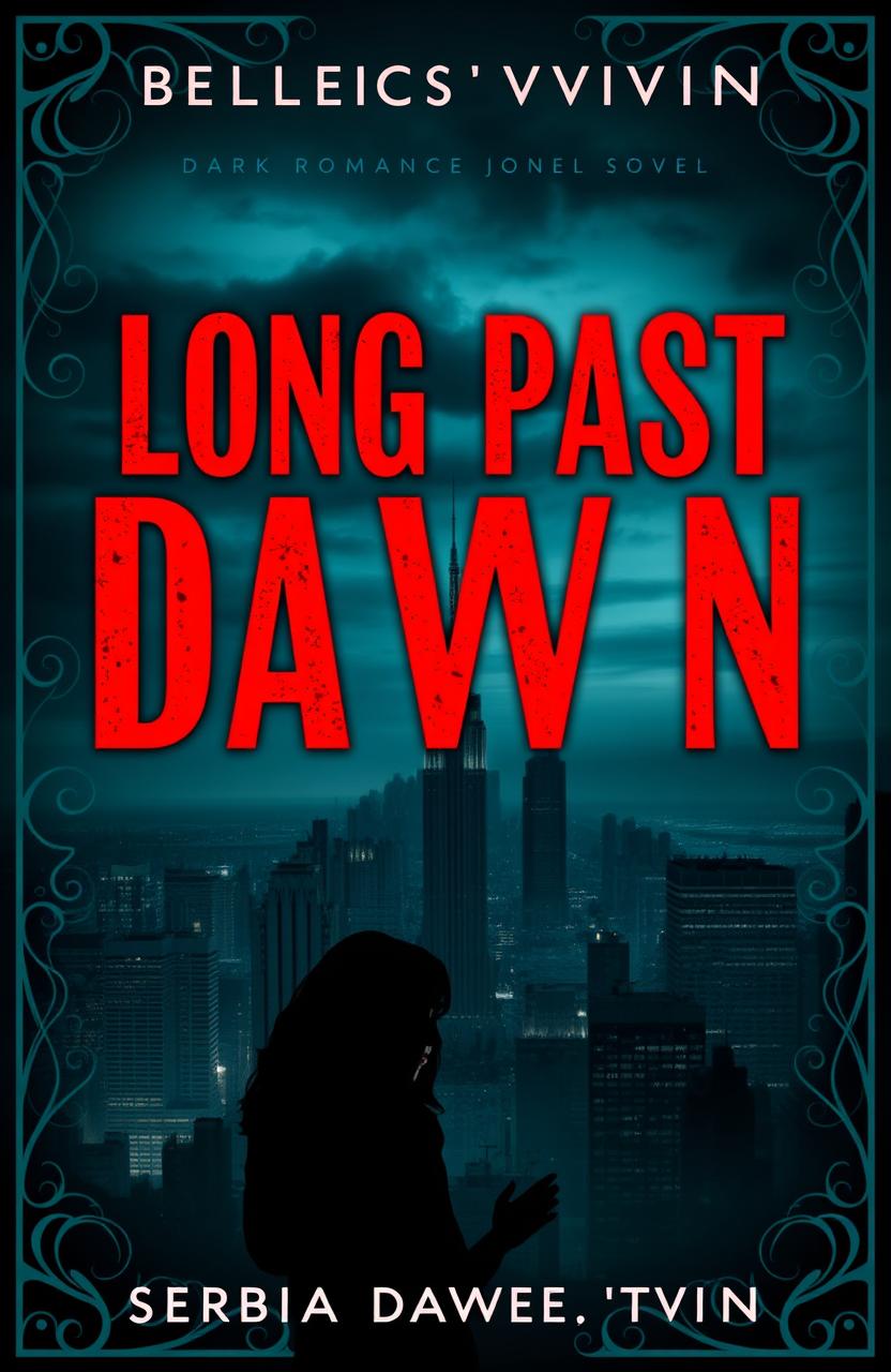 A dark romance novel cover for 'Long Past Dawn' by bellicsvoid, featuring a hauntingly atmospheric skyline of New York City at twilight