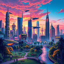 A beautifully detailed illustration of a futuristic city skyline at dusk, with a mix of towering skyscrapers, neon lights, and lush vertical gardens