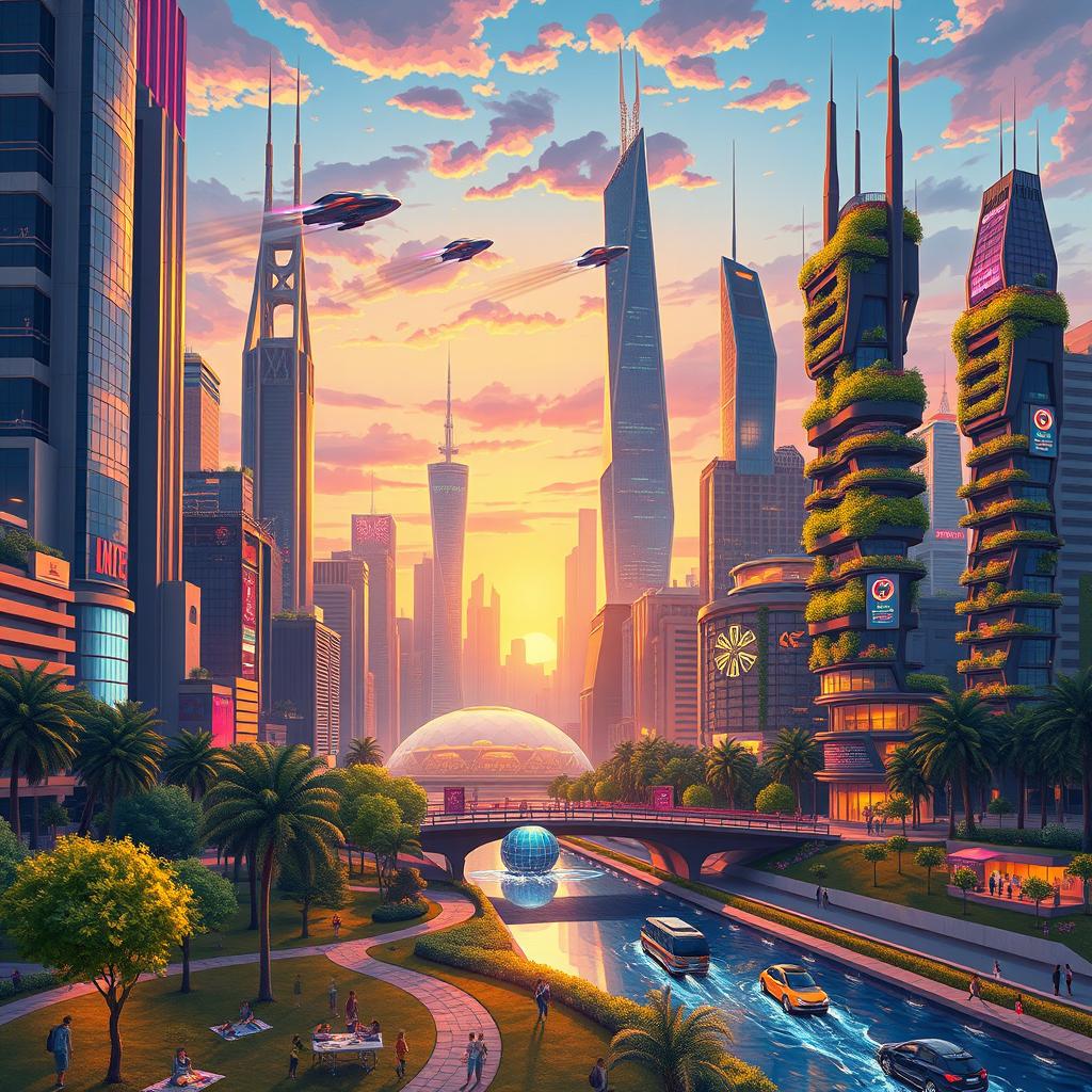 A beautifully detailed illustration of a futuristic city skyline at dusk, with a mix of towering skyscrapers, neon lights, and lush vertical gardens