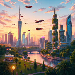 A beautifully detailed illustration of a futuristic city skyline at dusk, with a mix of towering skyscrapers, neon lights, and lush vertical gardens