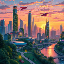 A beautifully detailed illustration of a futuristic city skyline at dusk, with a mix of towering skyscrapers, neon lights, and lush vertical gardens