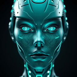 A futuristic face with seamless technology integrated into the skin, glowing circuits illuminating the contours of the face
