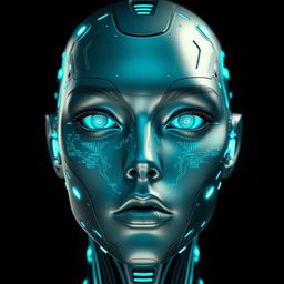 A futuristic face with seamless technology integrated into the skin, glowing circuits illuminating the contours of the face