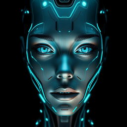 A futuristic face with seamless technology integrated into the skin, glowing circuits illuminating the contours of the face