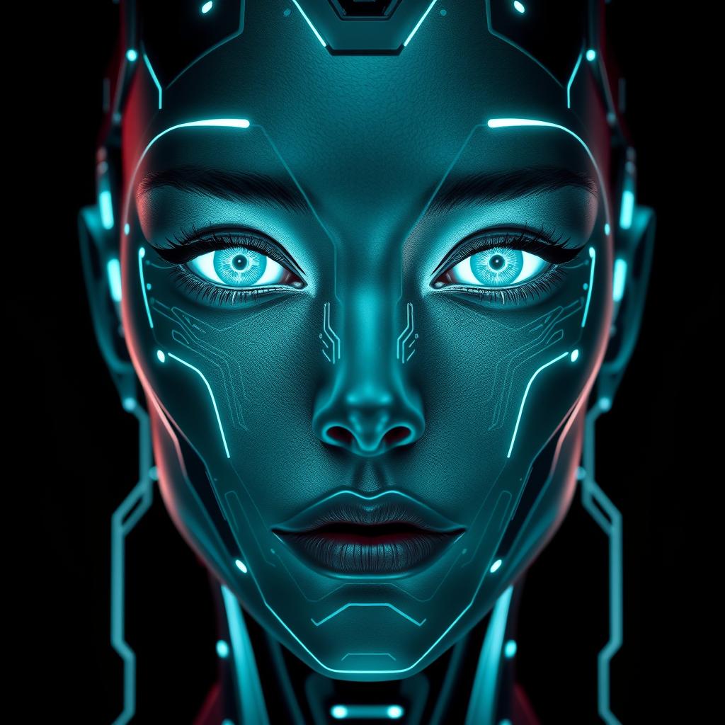 A futuristic face with seamless technology integrated into the skin, glowing circuits illuminating the contours of the face