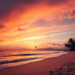 A serene sunset over a tranquil beach, with vibrant oranges, pinks, and purples filling the sky