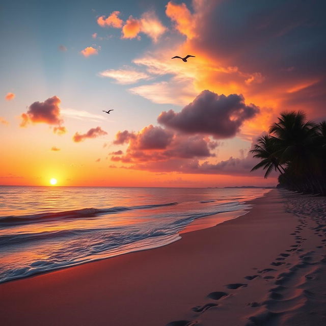 A serene sunset over a tranquil beach, with vibrant oranges, pinks, and purples filling the sky